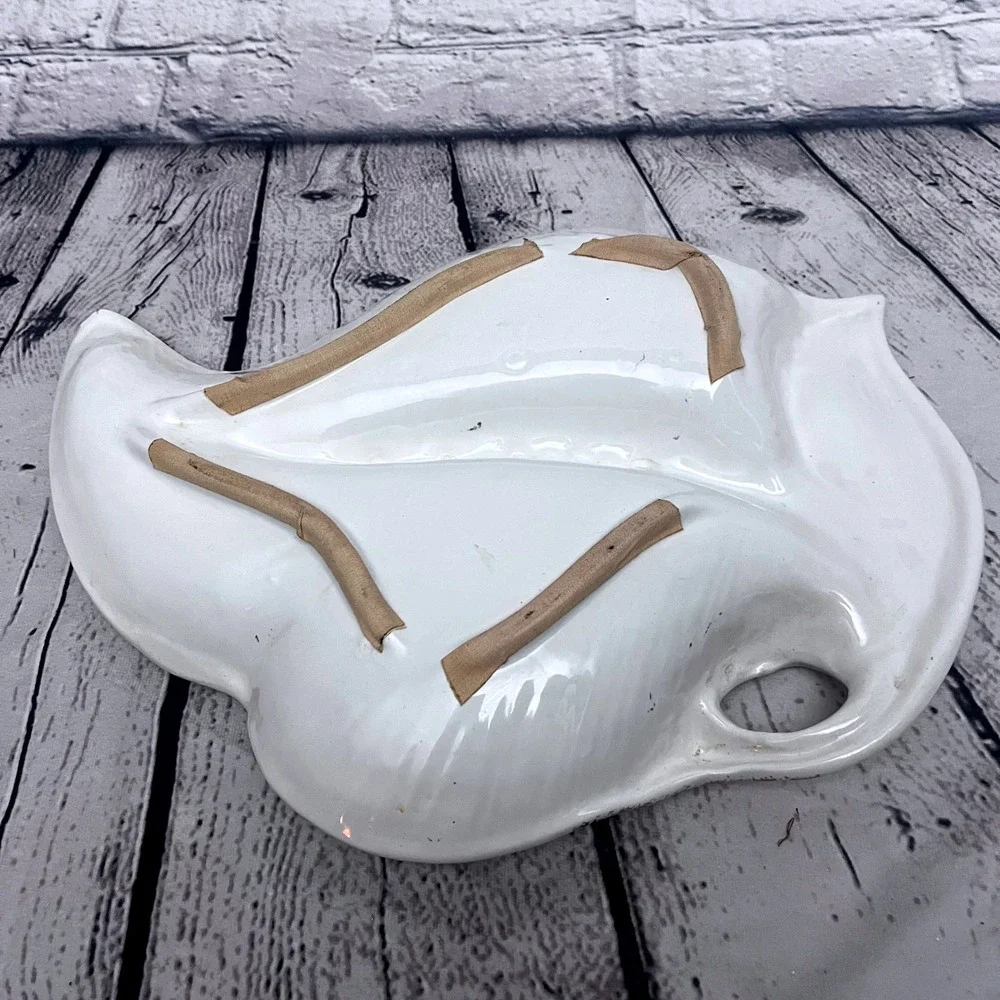 Vintage MCM Maurice of California Pottery Leaf Shaped Ashtray Gold Trim White